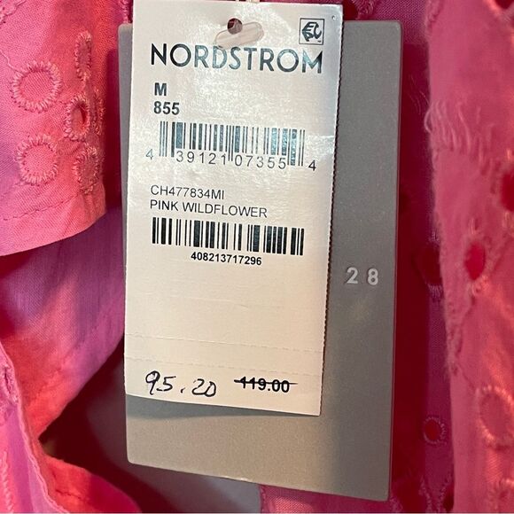 CHELSEA28 Eyelet Embroidered Cutout Bracelet Sleeve Midi Dress Pink SIZE M - Picture 10 of 11